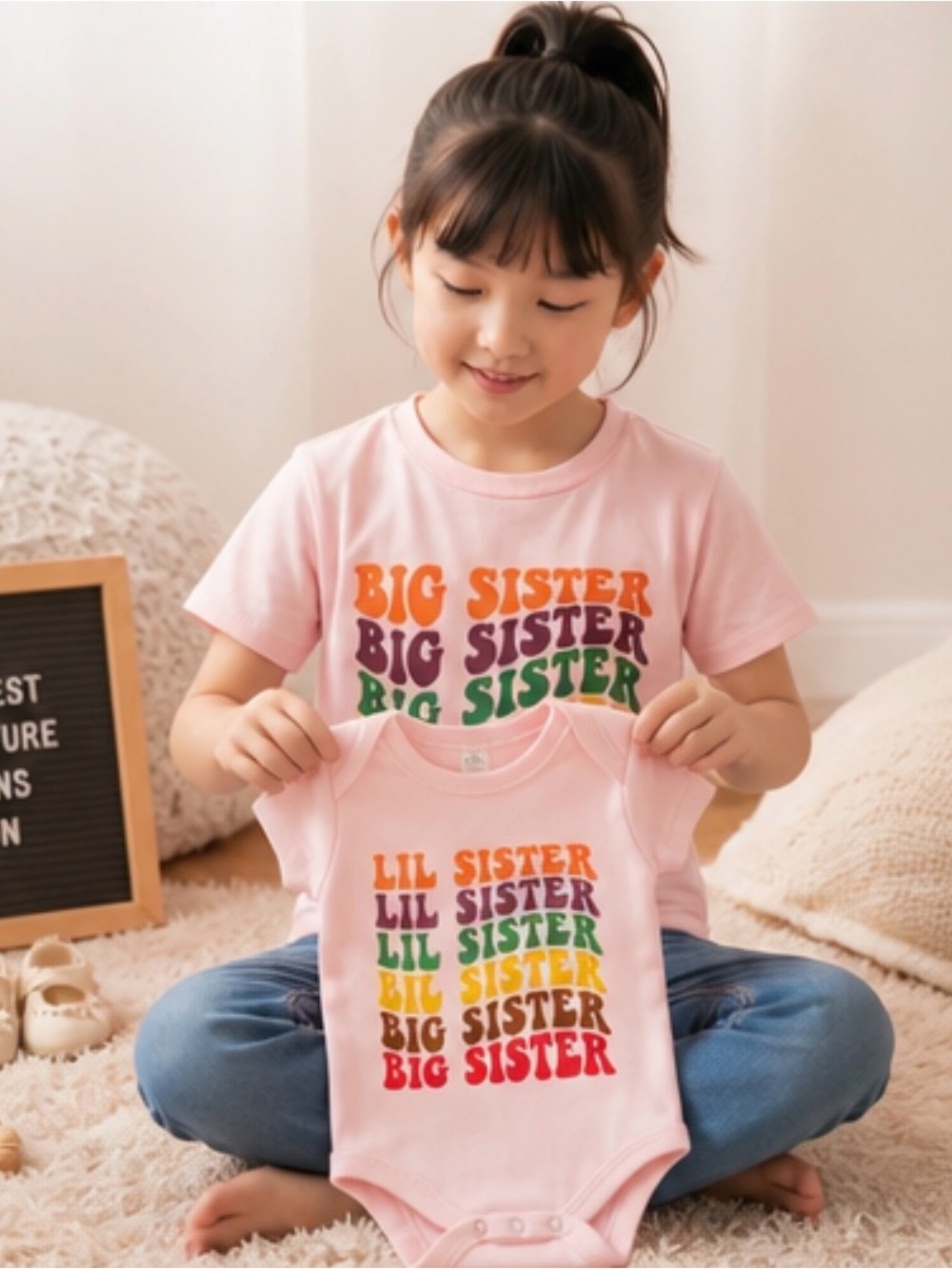 Retro Big Sister Little Sister Matching Shirt Bodysuit Set Pink NWOT 3-4T